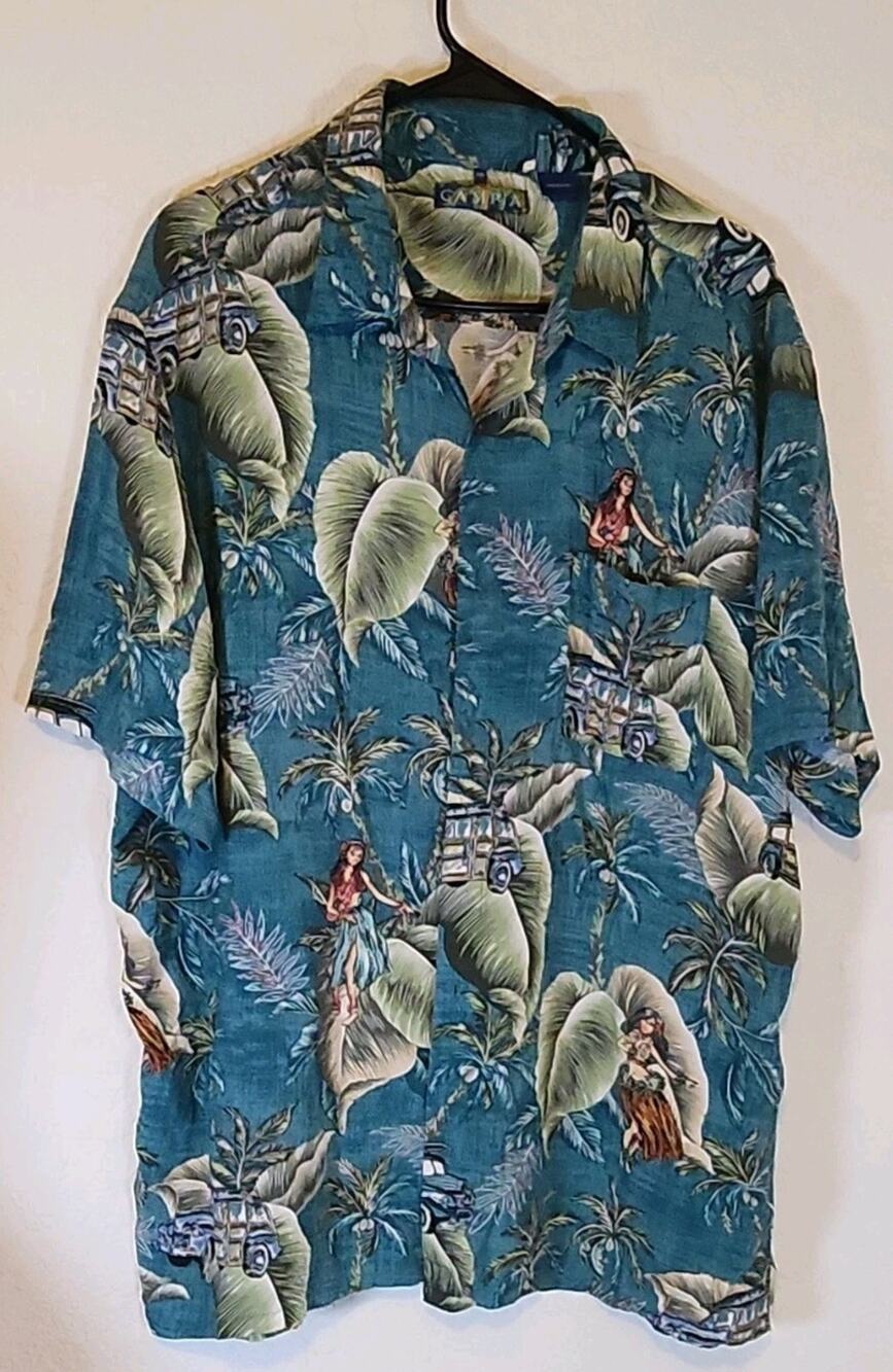 Campia Men's XXL Blue Green Hawaiian‎ Grapphic Print Rayon Woven Button-Up Shirt